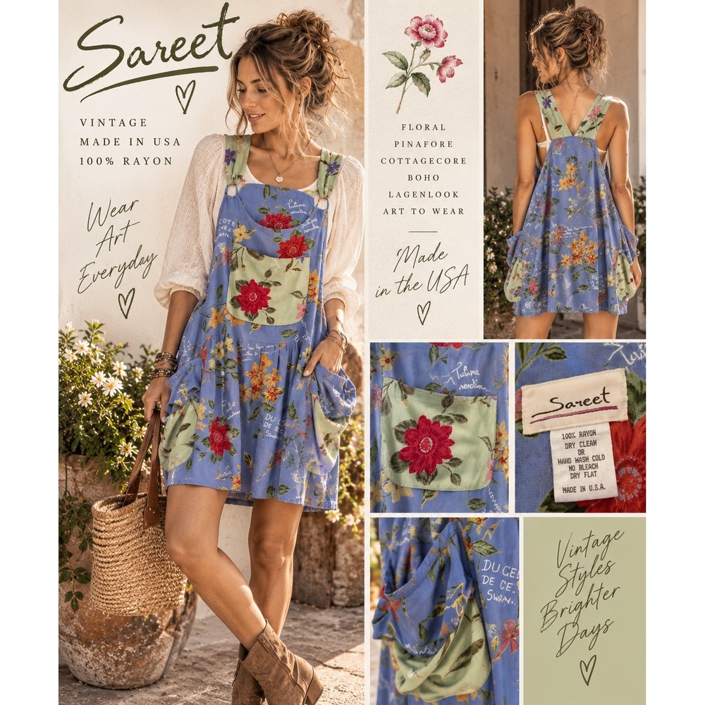 Vintage Sareet Floral Pinafore Dress 90s Lagenlook Art to Wear Boho Rayon